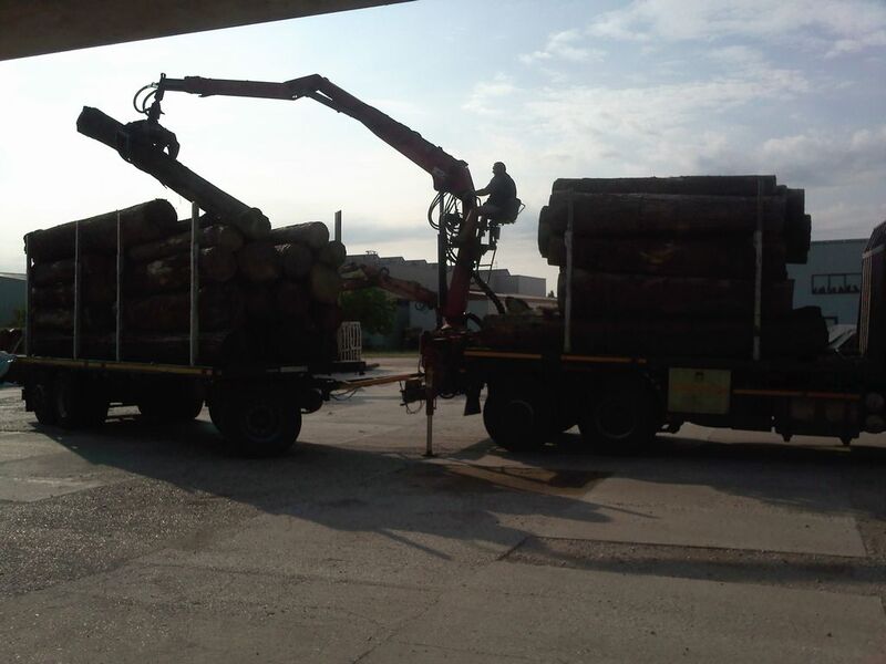 Camion con gru scarica i tronchi nel piazzale